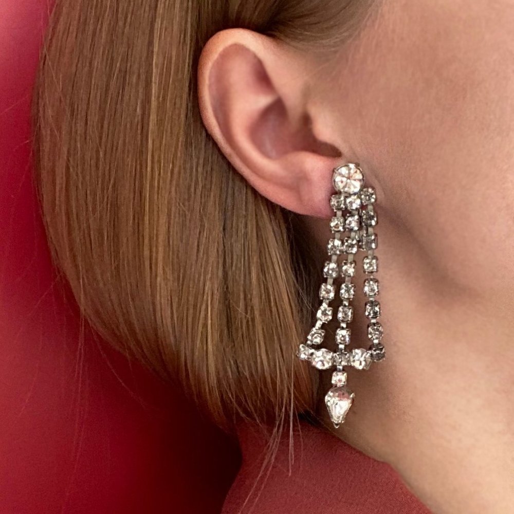 Statement single earring clip on, clear rhinestone non pierced earring